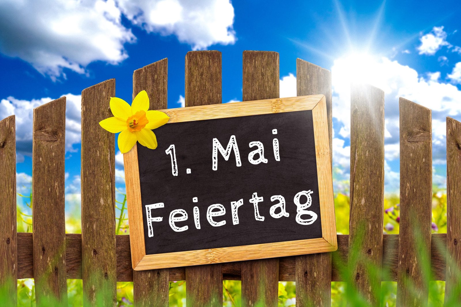 Tafel mit aufschrift 1. Mai feiertag an einem holzzaun mit gelber blume vor blauem himmel