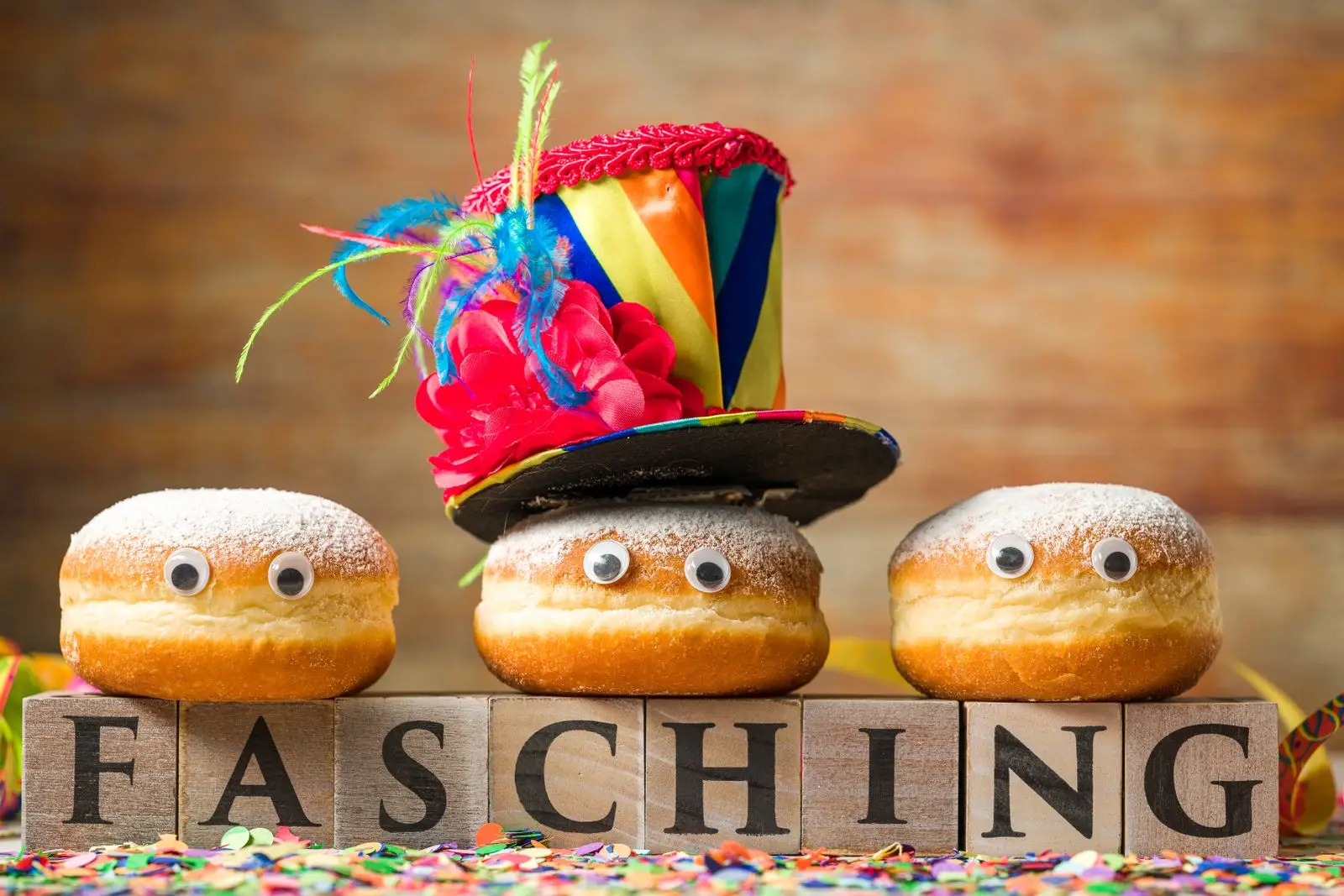 Faschingskrapfen 1 drei faschingskrapfen stehen auf wurfel mit schriftzug fasching Drei faschingskrapfen stehen auf würfel mit schriftzug fasching.