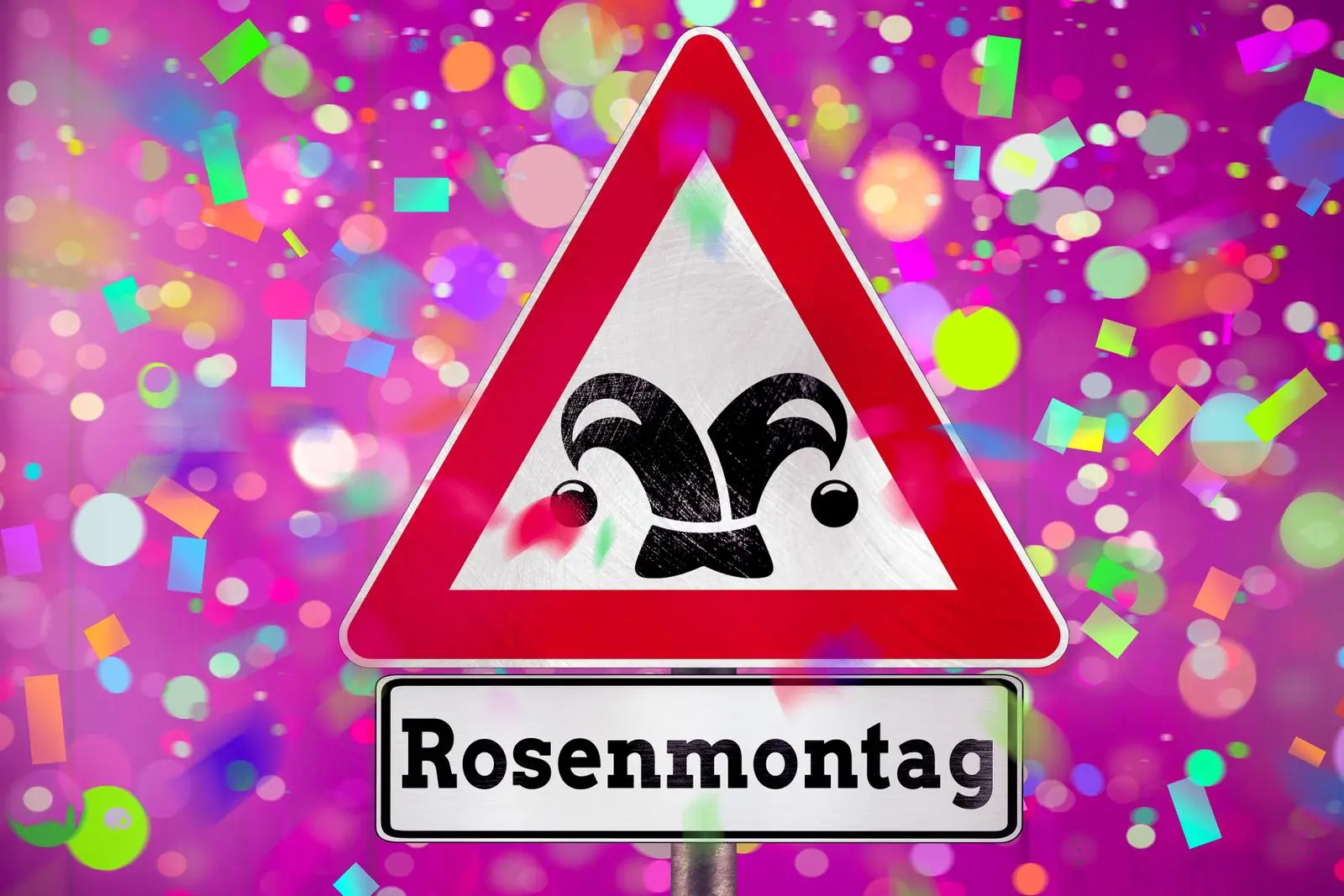 Rosenmontag buntes schild mit konfetti und fröhlicher stimmung für karnevalsumzüge