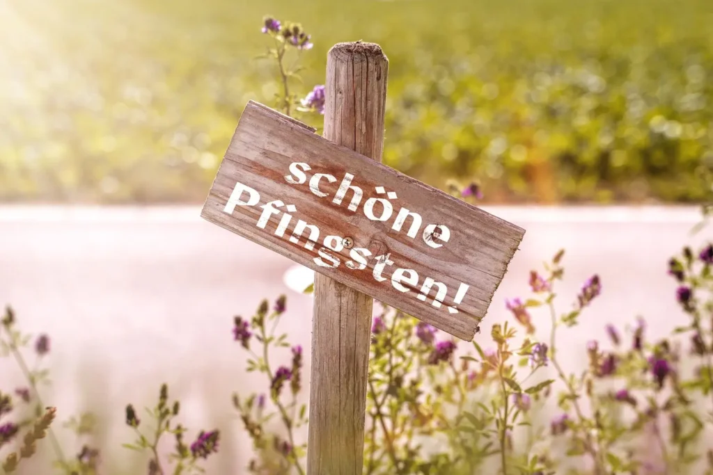 Schöne pfingsten wünschen mit holzschild am wegesrand