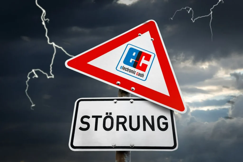 Kartenzahlungsstörung legt handel lahm: was sie jetzt wissen müssen 3 imgi 5 picture 1600 Warnschild mit dem logo von electronic cash und dem text 'störung' vor einem dunklen, stürmischen himmel mit blitzen.