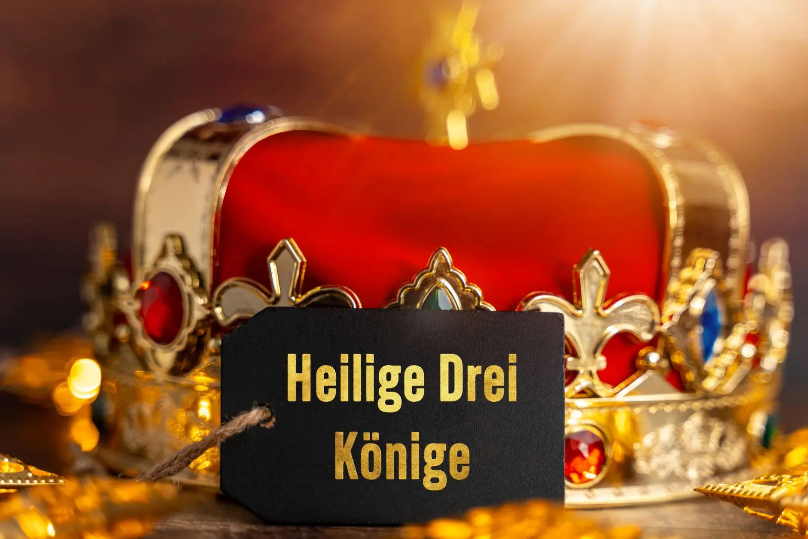 Drei heilige könige – goldene krone mit rotem samt und schild mit schriftzug heilige drei könige.