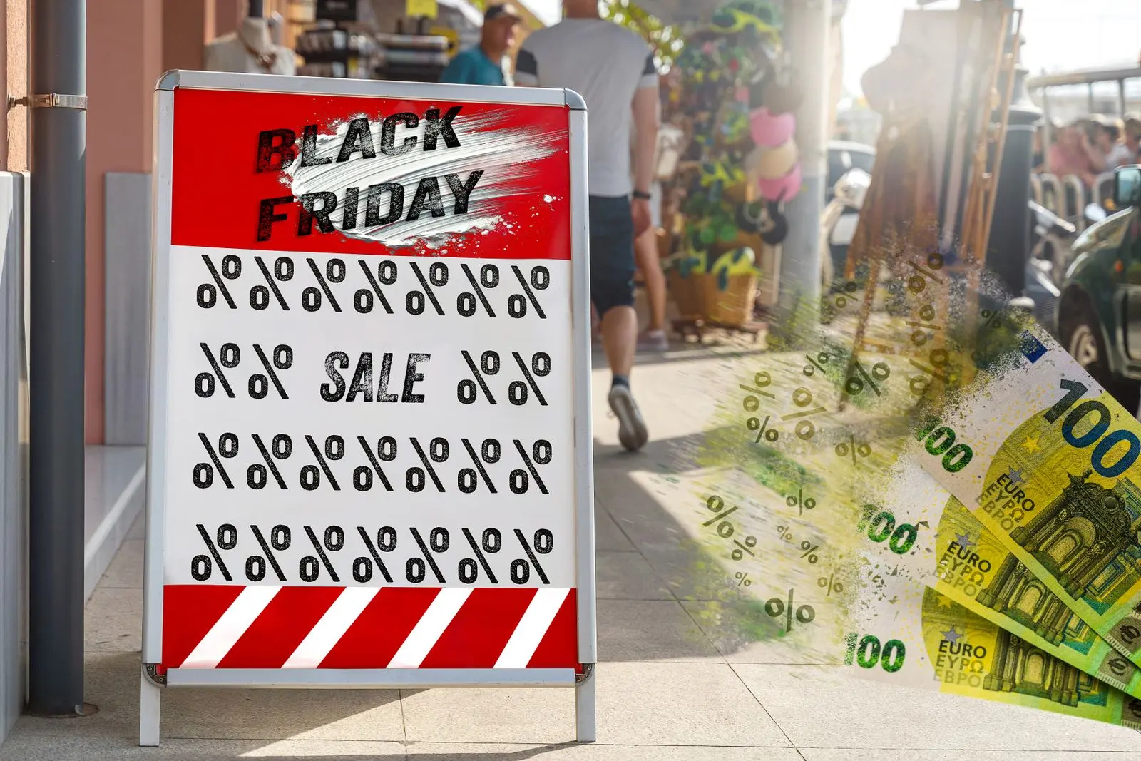 Ein werbeschild mit der aufschrift ‚black friday sale‘, umgeben von prozentzeichen und euro-banknoten, vor einem laden in einer belebten einkaufsstraße. Das bild symbolisiert die rabattschlachten und sonderangebote während der black week und am black friday.