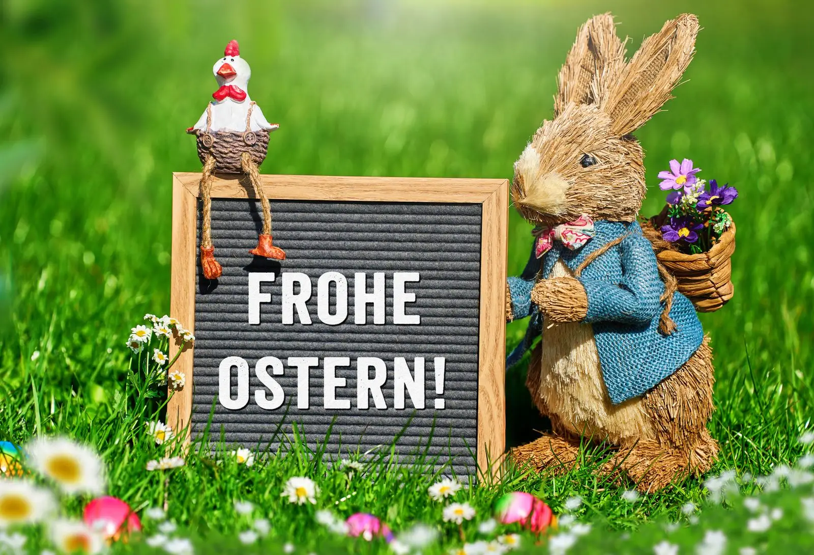 Frohe ostern wünsche auf schild - osterwünsche mit osterhase