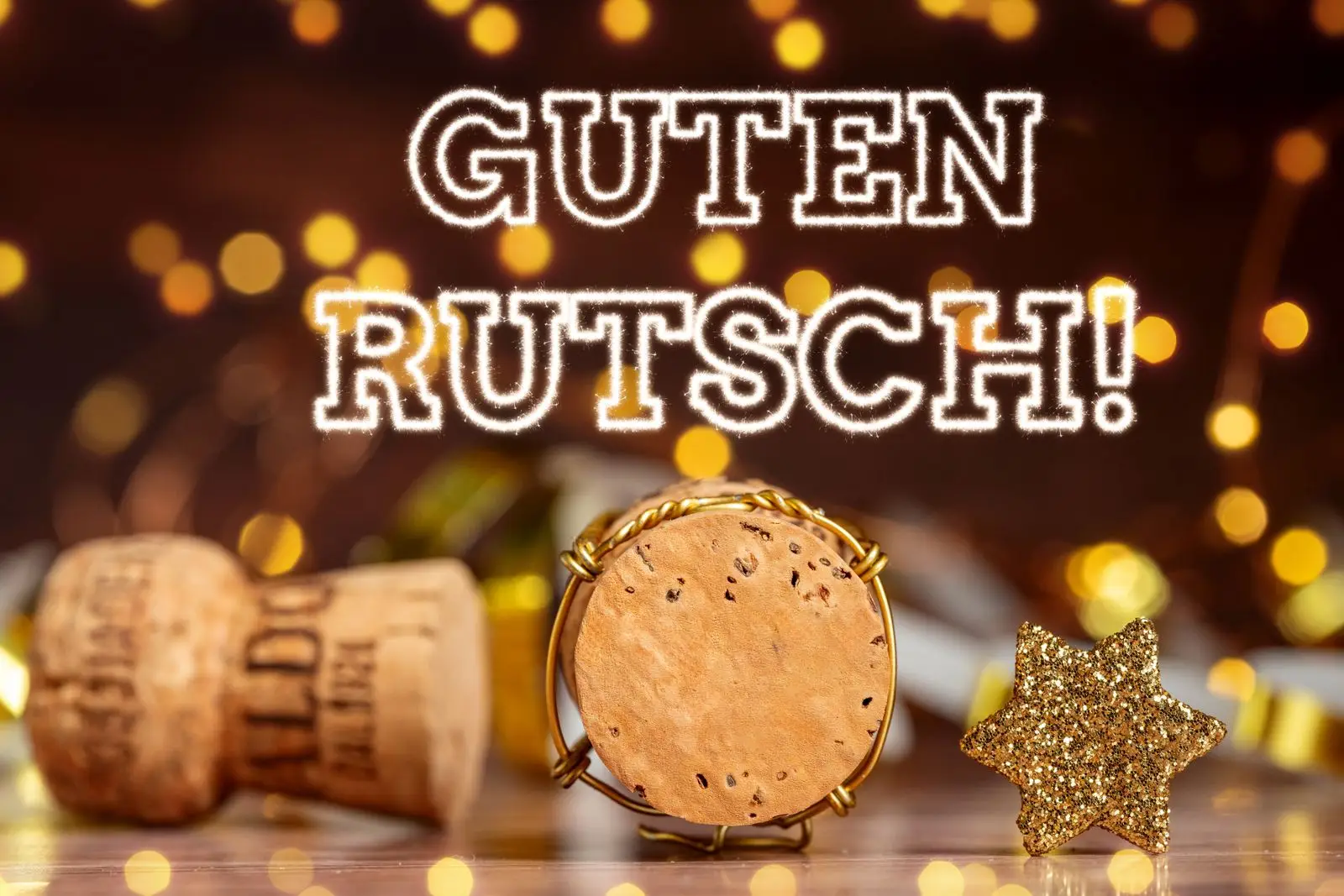 Guten rutsch ins neue jahr. Ein sektkorken und eine goldene stern-deko, im hintergrund lichter.