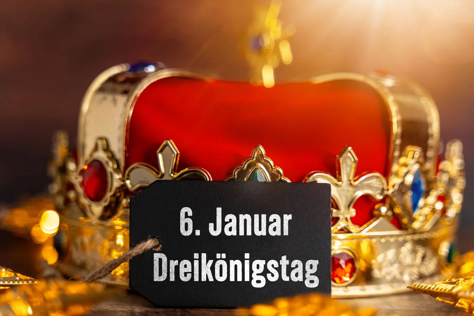 Krone mit rotem samt und schild mit der aufschrift ‚6. Januar – dreikonigstag