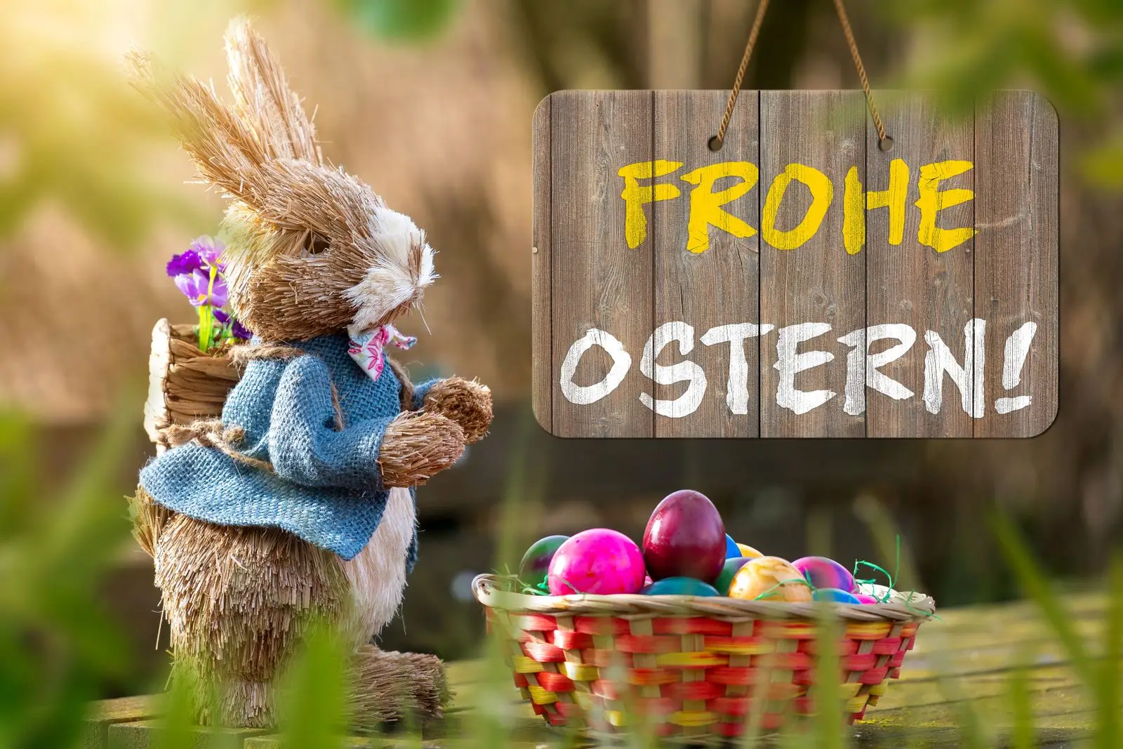 Ostergruß frohe ostern mit osternest und osterhase