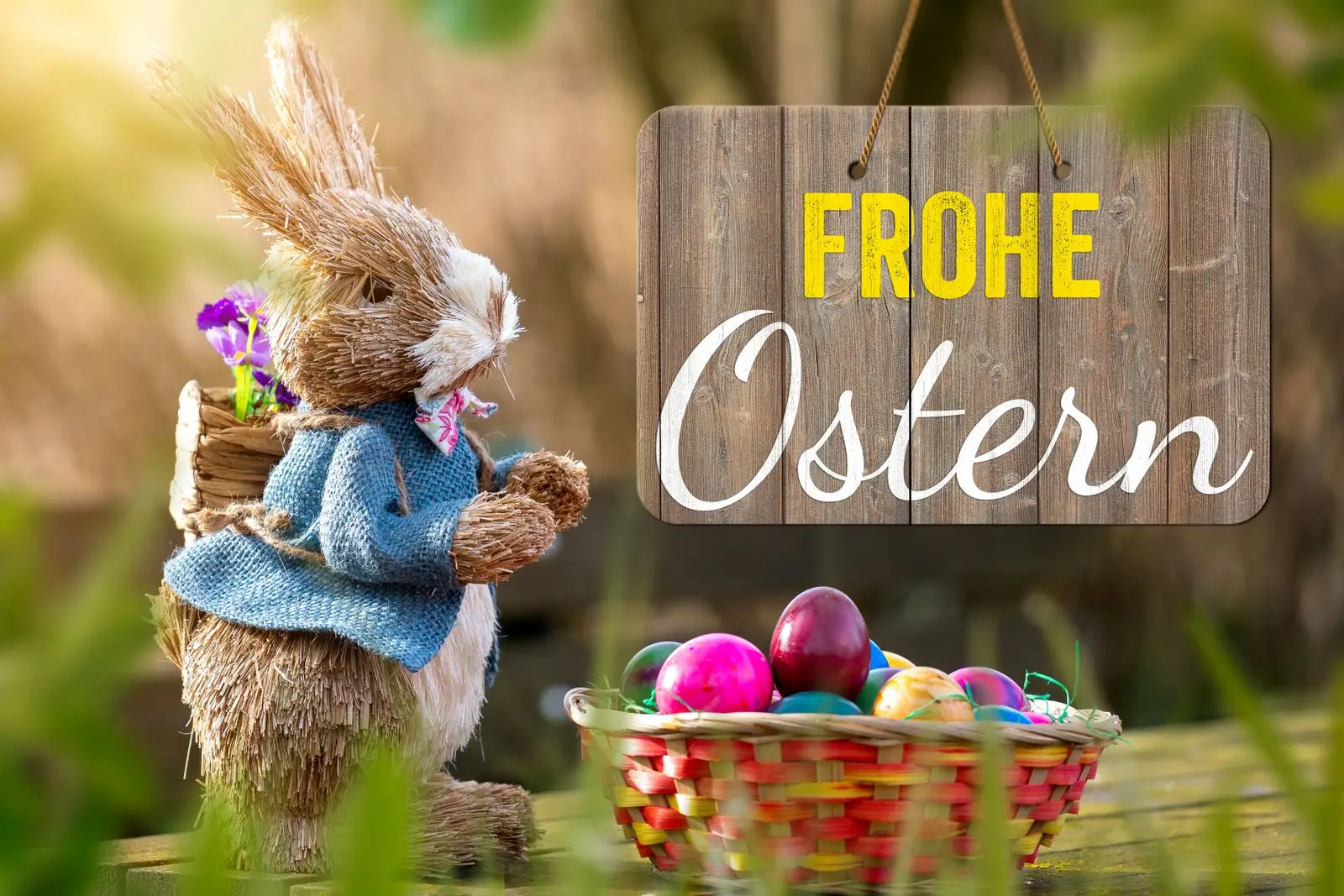 Osterwünsche frohe ostern neben osterhase und osternest