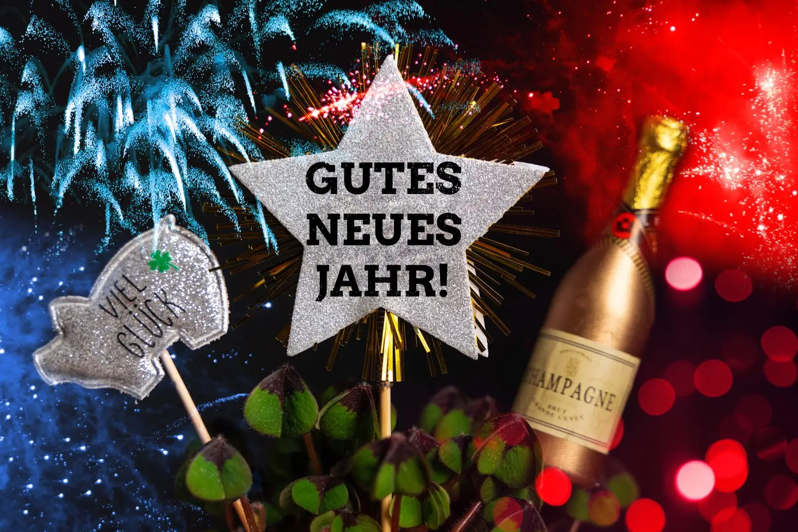 Silvester und neujahr mit glucksschwein champagner und stern mit gutes neues jahr