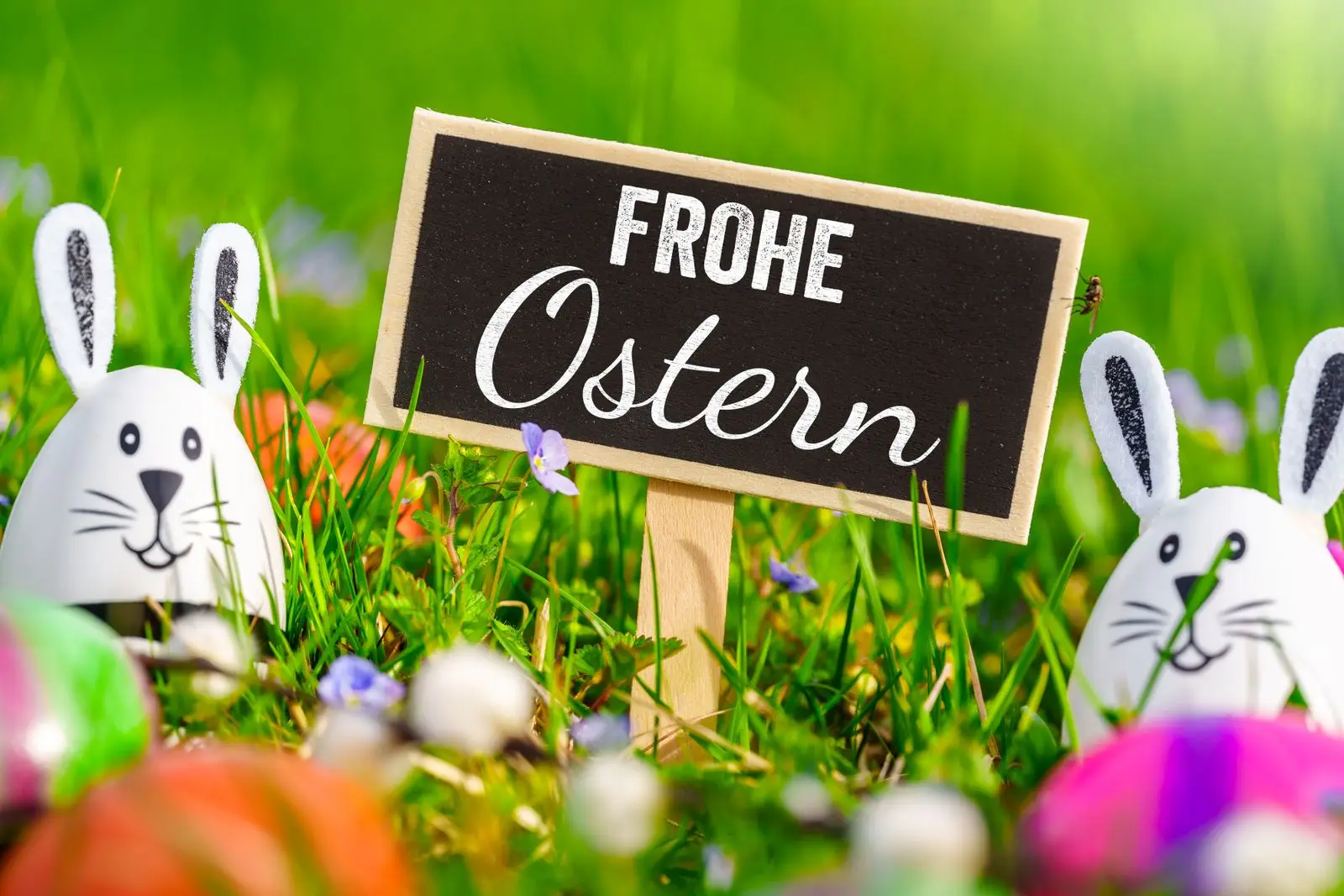 Liebevolle ostergrüße mit frohe ostern schild und osterhase