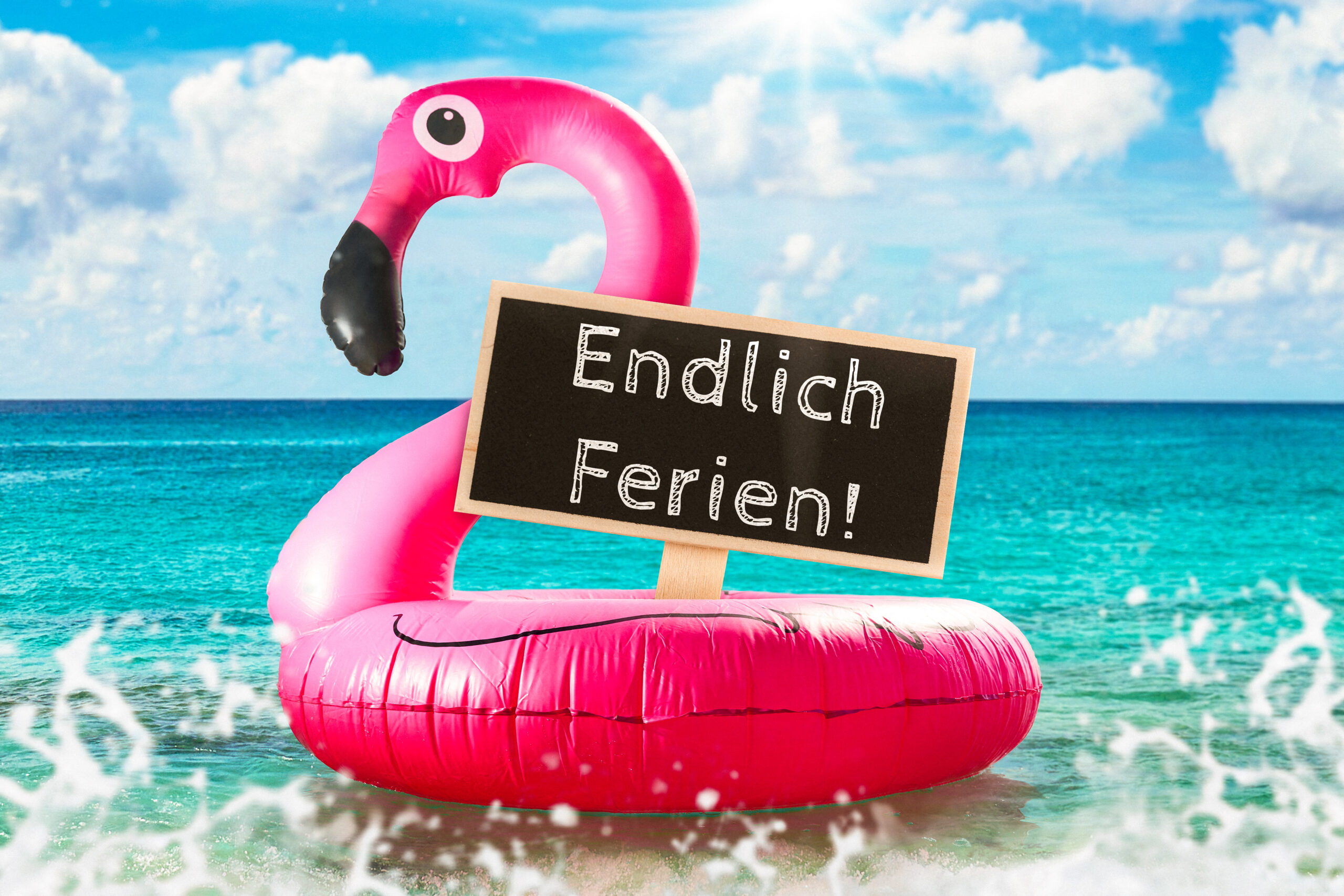 Flamingo mit schild, endlich ferien!