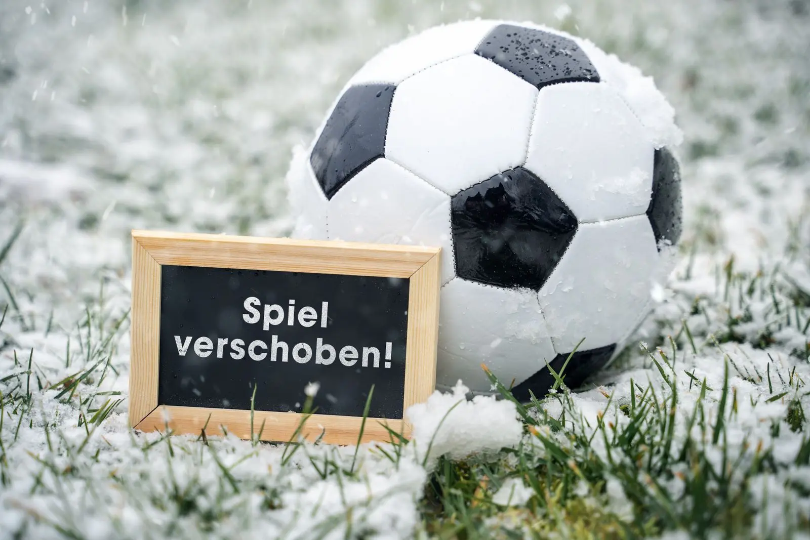 Fußballspiel verschoben aufgrund von schnee mit fußball auf dem sportplatz und schild zur terminänderung