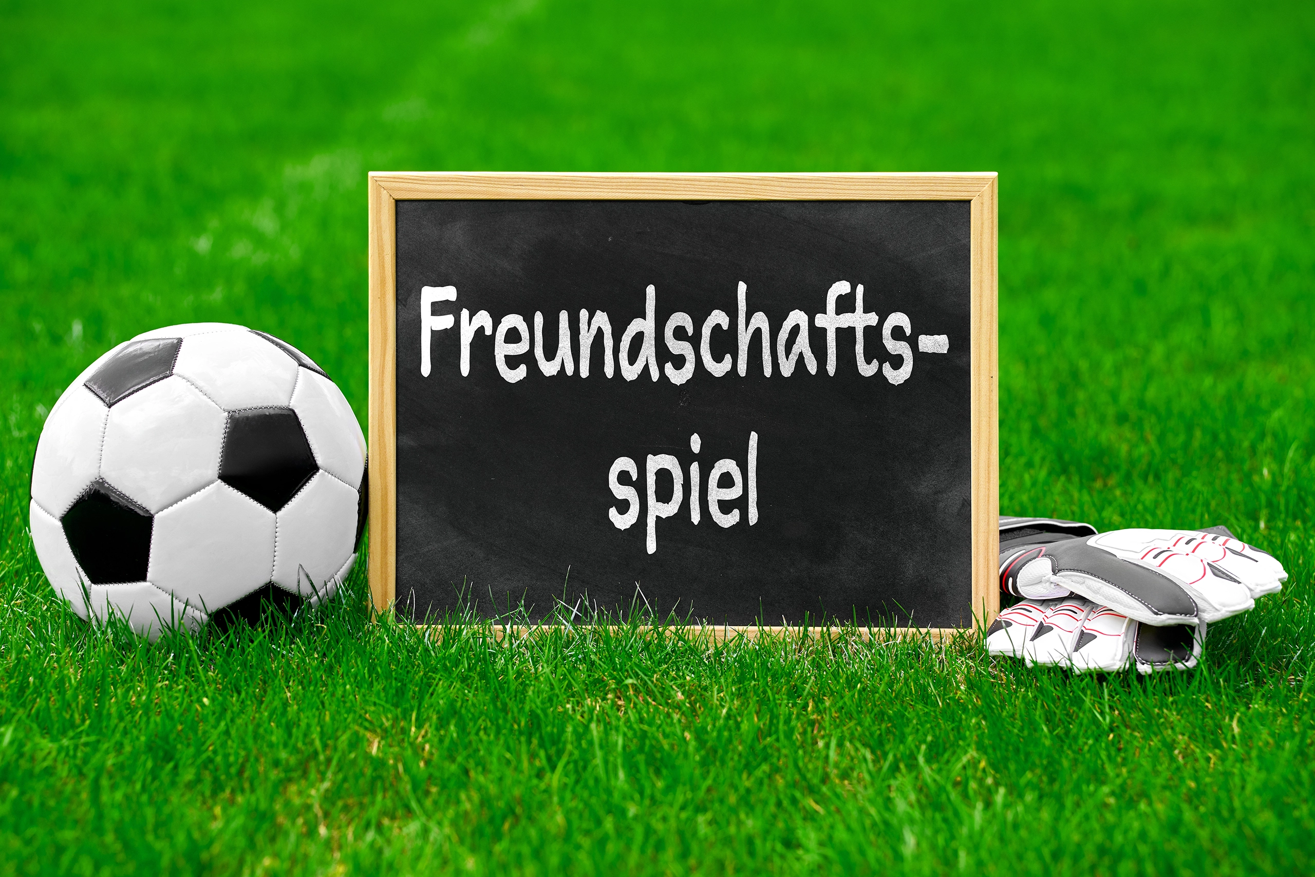 Fußball freundschaftsspiel auf dem sportplatz mit ball und torwarthandschuhen vor einem geplanten testspiel