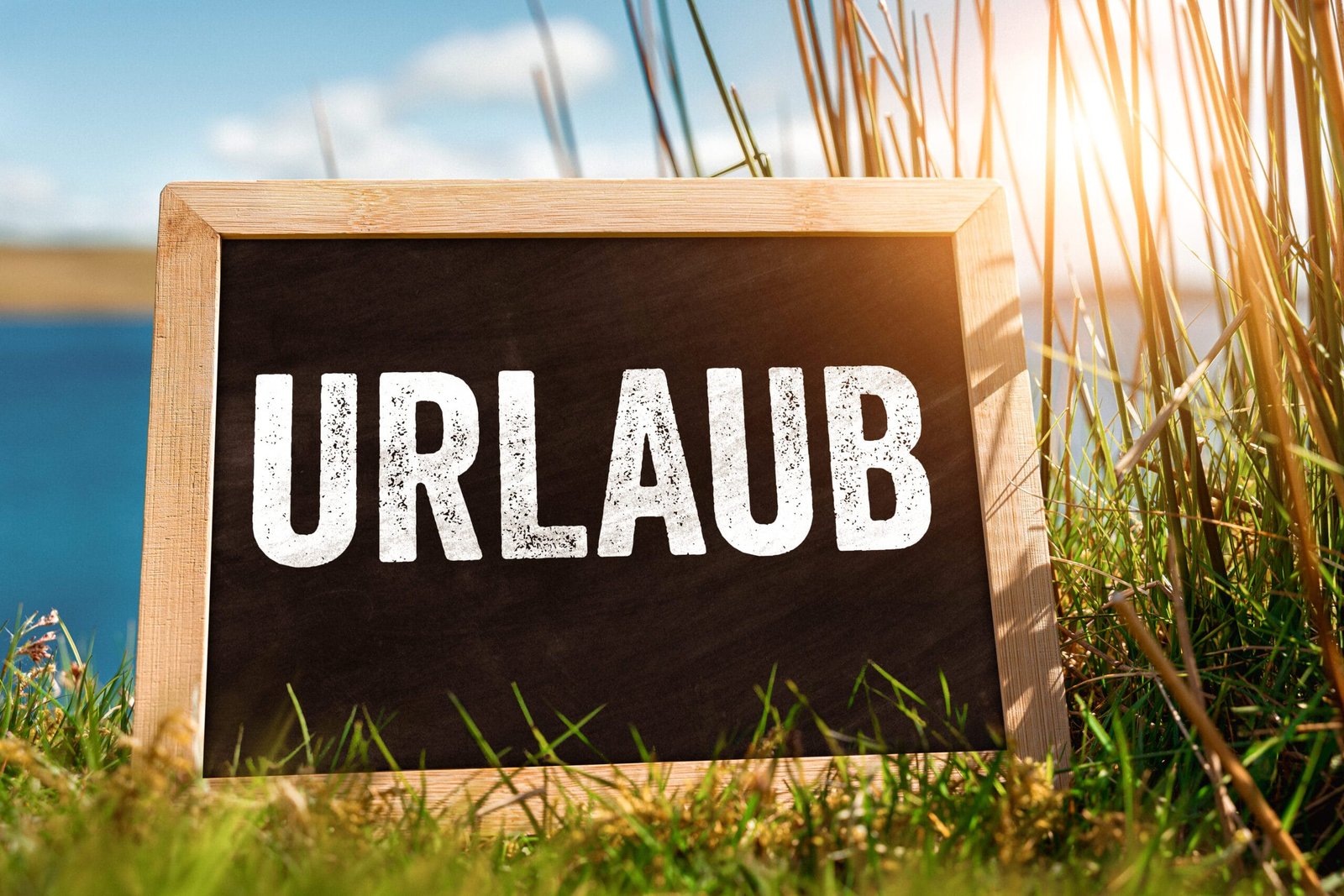 Sommersonne, wiese und ein holzschild mit dem wort: urlaub